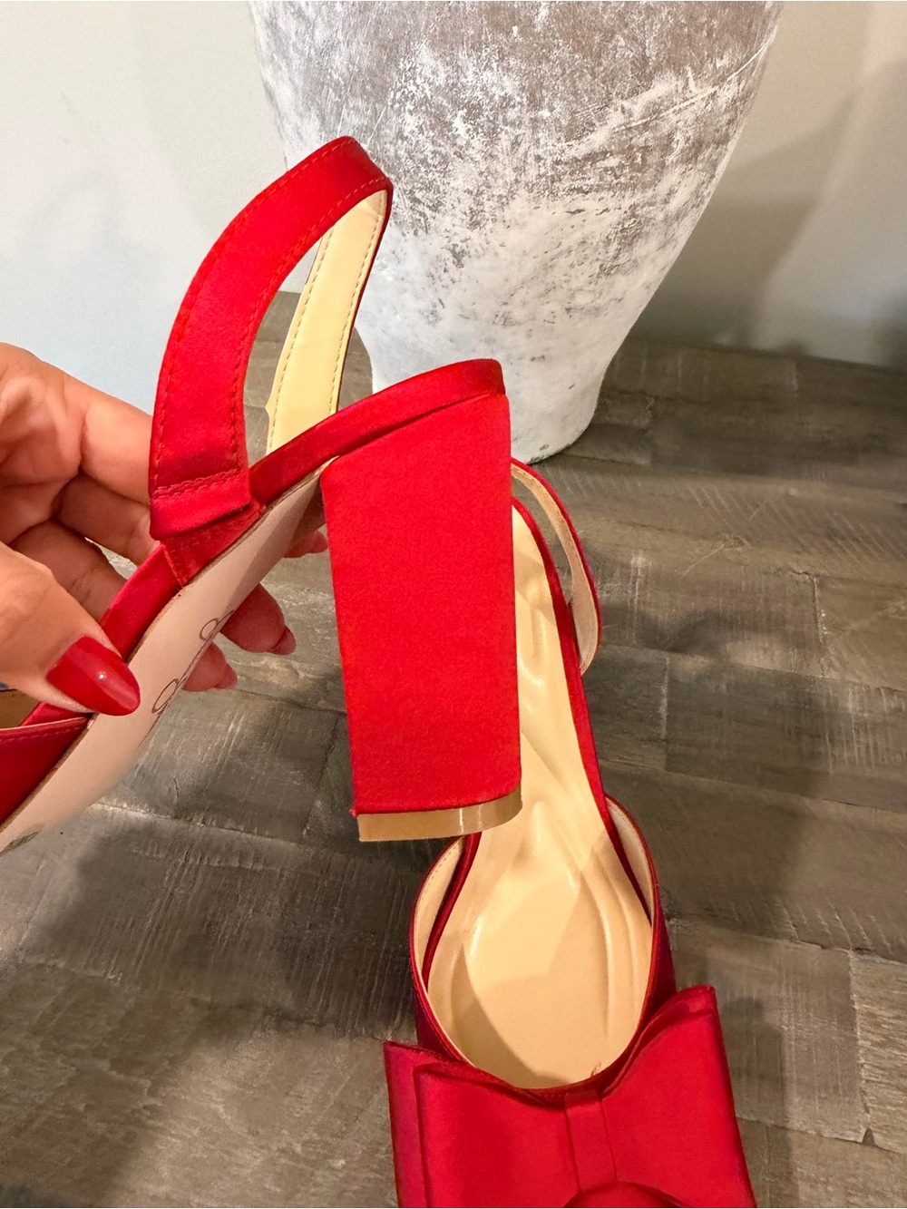 Jessica Simpson Red Satin Bow Slingback Block Heel Pumps - Picture 5 of 5